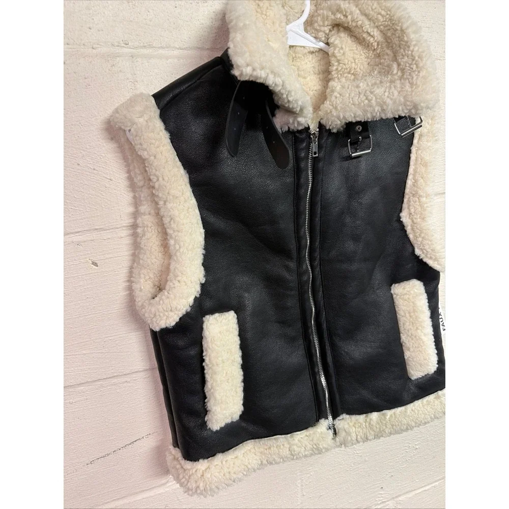 Black Faux Leather Aviator Vest Cream Faux Shearling grunge goth‎ cozy concert